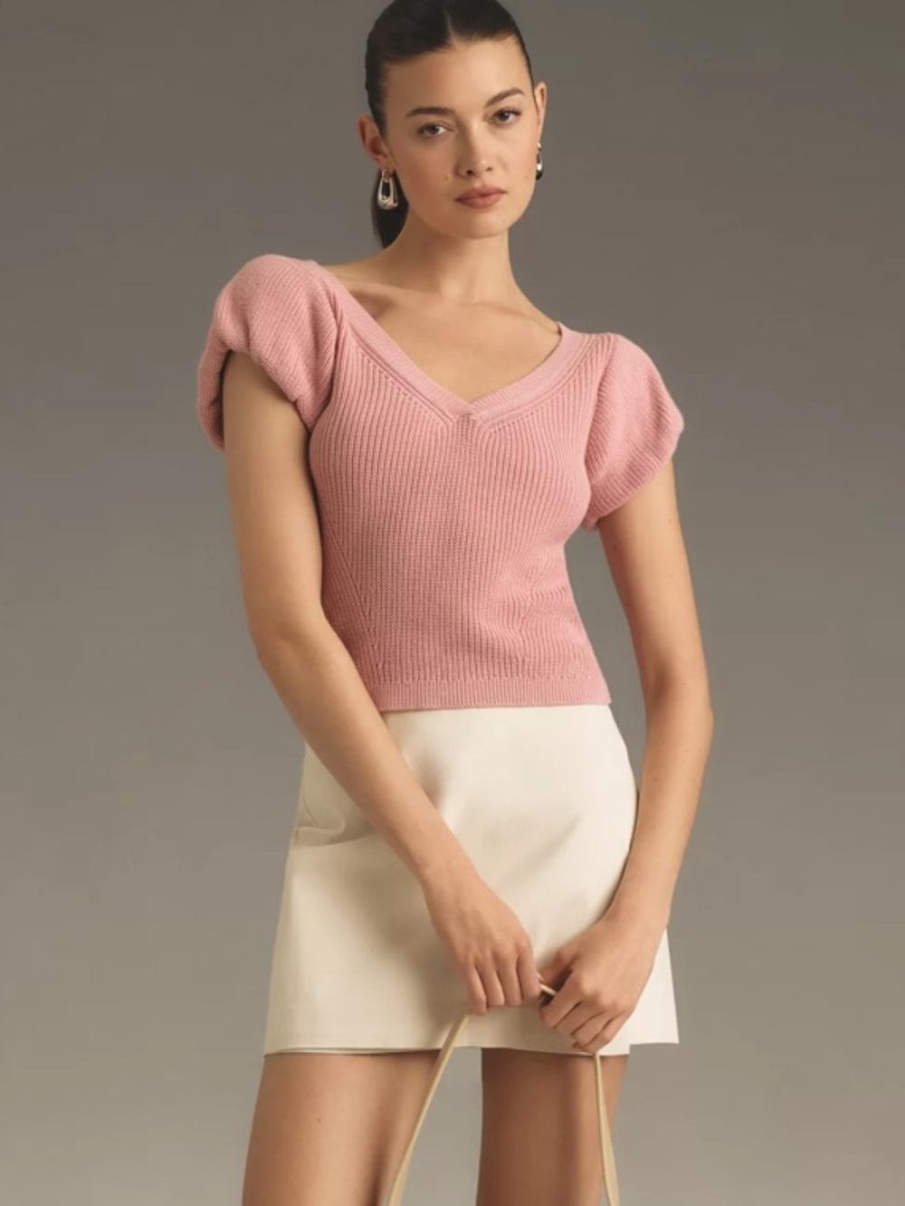 Maeve Dusty Pink Ribbed V-Neck Puff-Sleeve Sweater Anthropologie